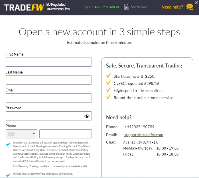Обзор TradeFW — Заполнение регистрационной формы