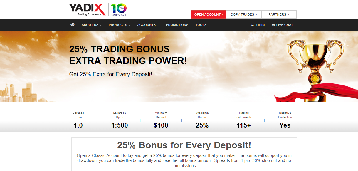 Бонусы Yadix - 25% Trading Bonus
